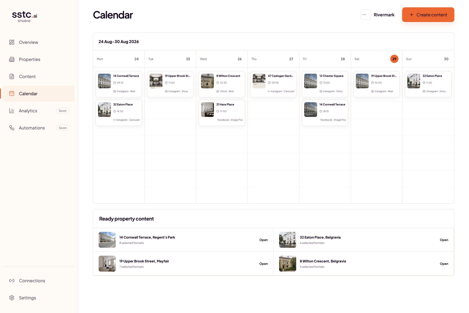 The real SSTC calendar populated with scheduled property reels, stories, carousels and posts