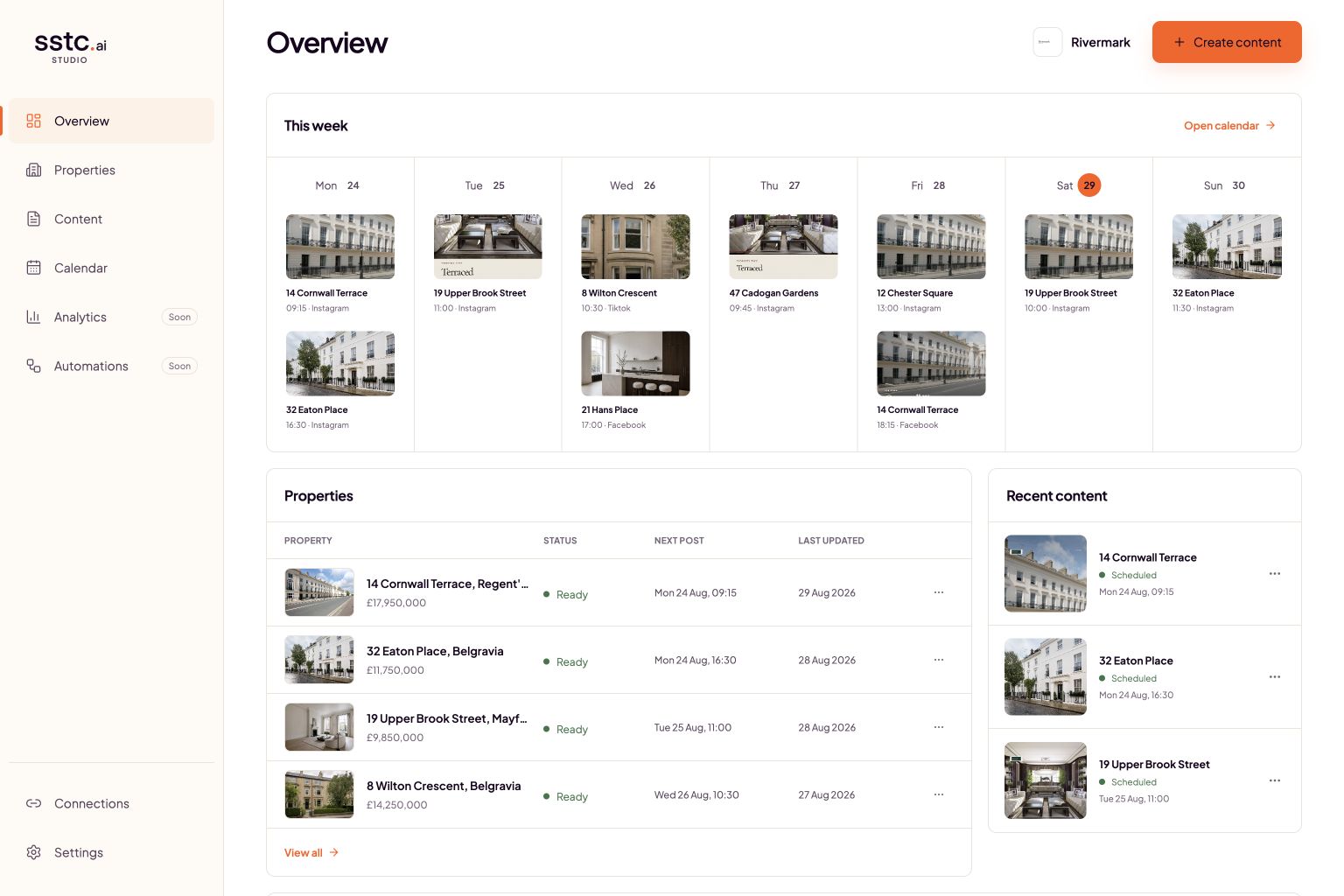 The real SSTC overview showing scheduled content, active properties and recent campaigns