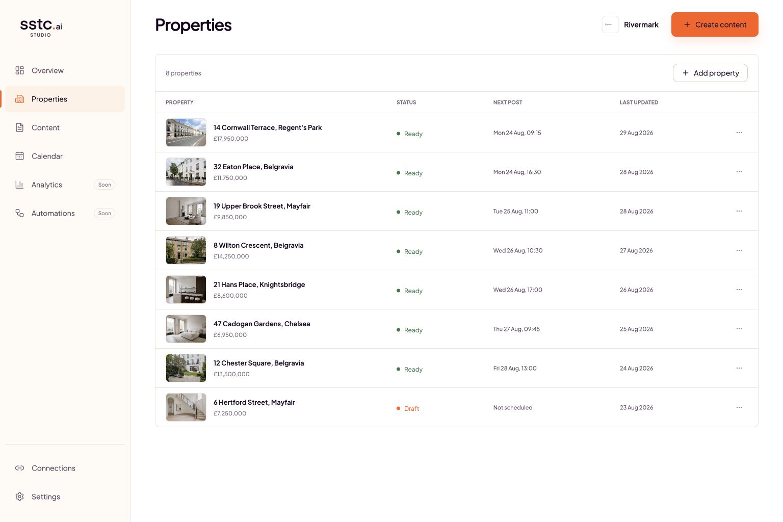 The real SSTC properties screen populated with prime central London listings